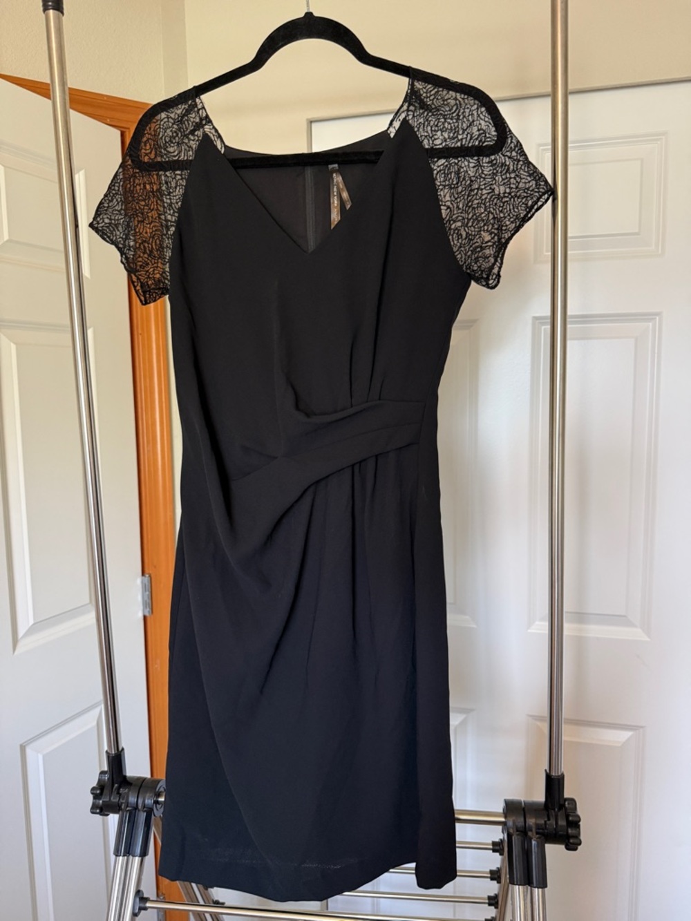 Black Lace-Sleeve V-Neck Wedding Guest Dress